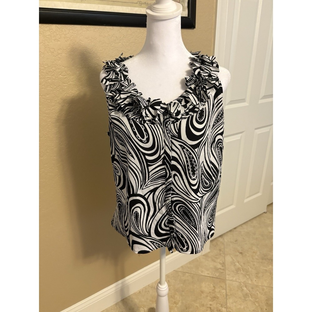 Sioni Women's Sleeveless Button Up Top,‎ Black And White, Size Large